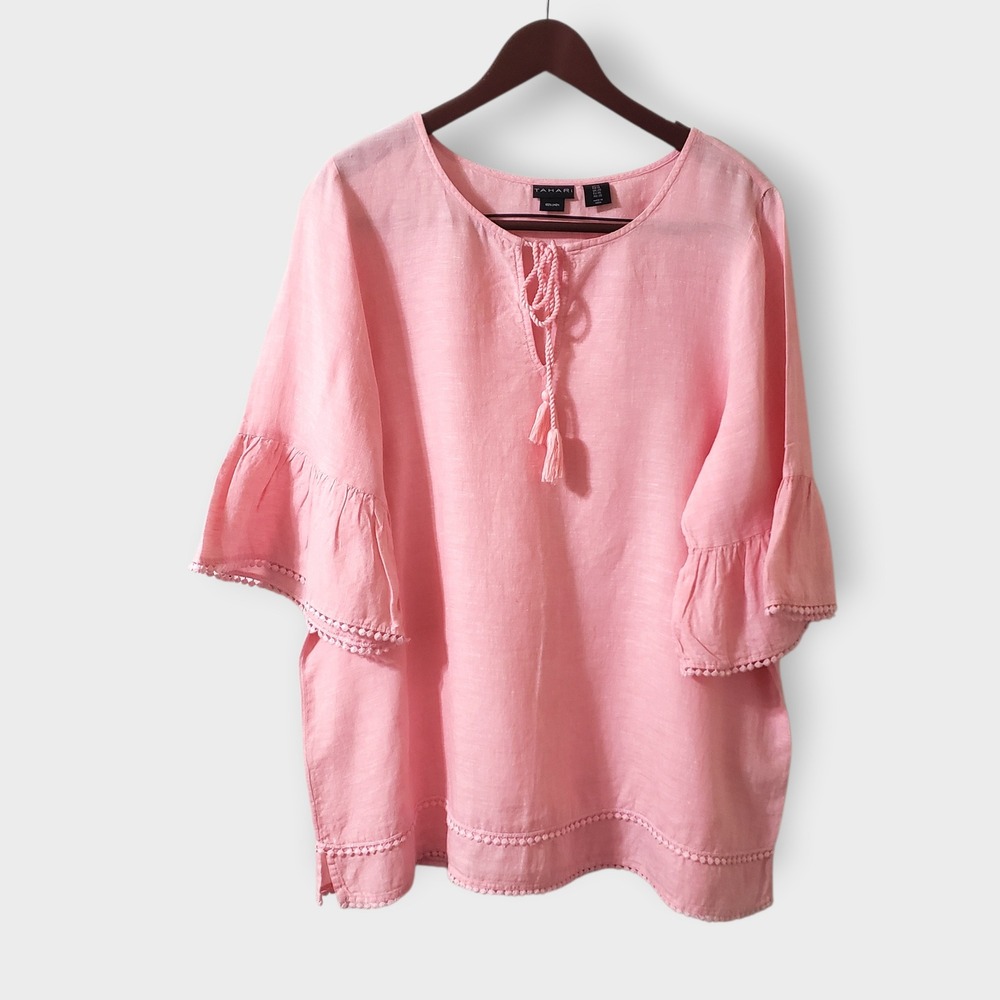 Tahari Womens 1X Pink 100% Linen Bell Sleeve‎ Tassel Tie Neck Blouse Top